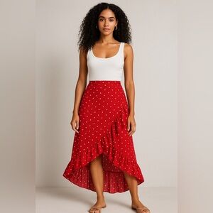 💃 Heart Print Ruffle Hi-Lo Skirt – Red & White, Size XL 💃